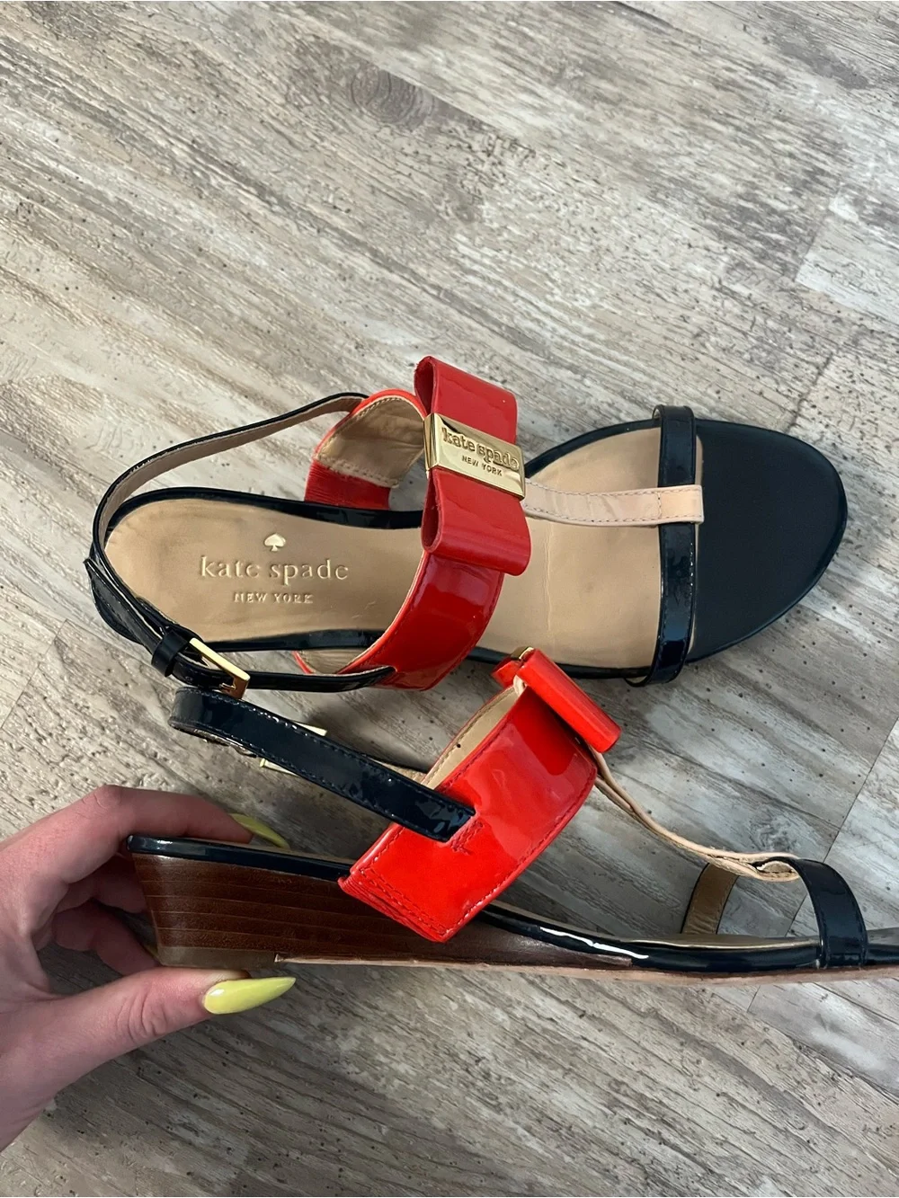 kate spade Red, Black & Nude Patent T-Strap Sandals